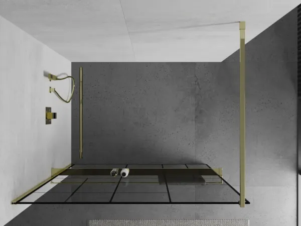 MEXEN/S - KIOTO Sprchová zástena WALK-IN s poličkou a držiakom uterákov 100 x 200, transparent/čierna 8 mm, zlatá 800-100-121-50-78