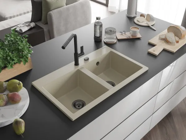 MEXEN/S MEXEN/S - Hektor granitový drez 2-bowl 800 x 480 mm, béžová, čierny sifón 6521802000-69-B