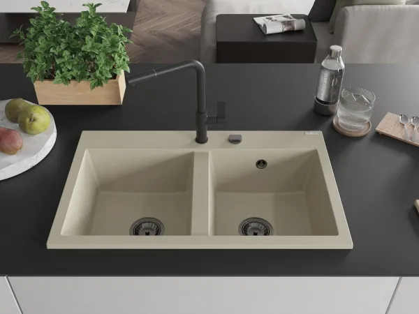 MEXEN/S MEXEN/S - Hektor granitový drez 2-bowl 800 x 480 mm, béžová, čierny sifón 6521802000-69-B
