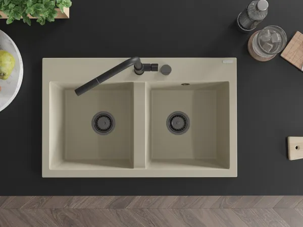 MEXEN/S MEXEN/S - Hektor granitový drez 2-bowl 800 x 480 mm, béžová, čierny sifón 6521802000-69-B