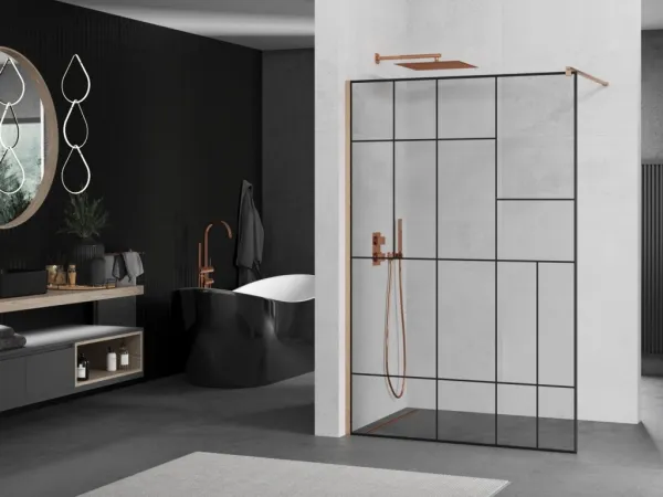 MEXEN/S - Kioto Sprchová zástena WALK-IN 100 x 200, čierny vzor 8 mm, meď kartáčovaná 800-100-101-65-78