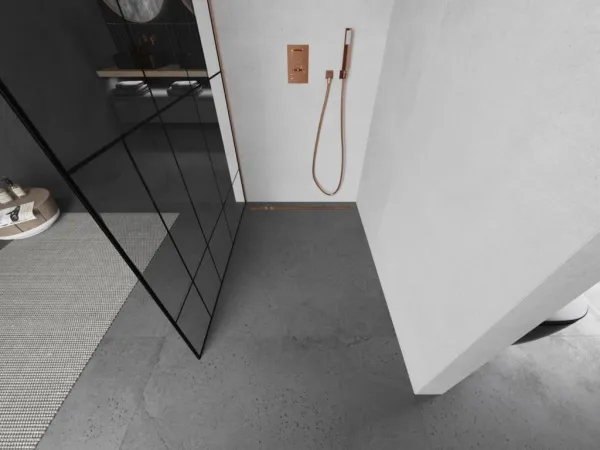 MEXEN/S - Kioto Sprchová zástena WALK-IN 100 x 200, čierny vzor 8 mm, meď kartáčovaná 800-100-101-65-78