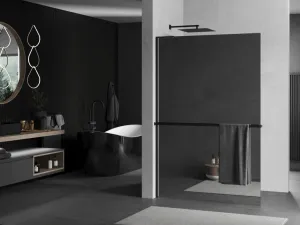 MEXEN/S - Kioto+ L Sprchová zástena WALK-IN s poličkou a držiakom uterákov 100 x 200, zrkadlová, čierna 800-100-123-70-50