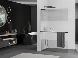 MEXEN/S - Kioto+ L Sprchová zástena WALK-IN s poličkou a držiakom uterákov 70 x 200, transparent/dekor, čierna 800-070-123-70-35