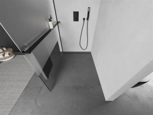 MEXEN/S - Kioto+ L Sprchová zástena WALK-IN s poličkou a držiakom uterákov 70 x 200, transparent/dekor, čierna 800-070-123-70-35