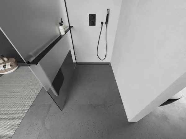 MEXEN/S - Kioto+ L Sprchová zástena WALK-IN s poličkou a držiakom uterákov 80 x 200, transparent/dekor, čierna - 800-080-123-70-30 800-080-123-70-35