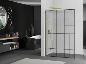 MEXEN/S - Kioto L Sprchová zástena WALK-IN 90 x 200, čierny vzor, zlato 800-090-103-50-78