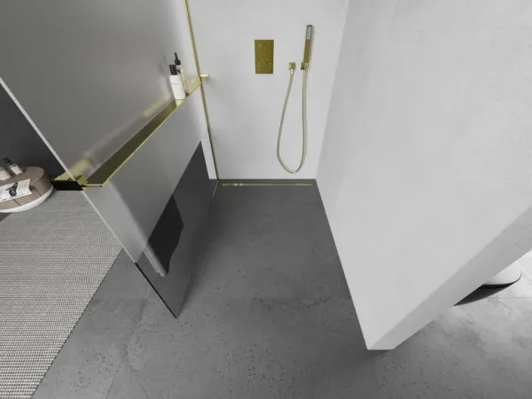 MEXEN/S - Kioto+ L Sprchová zástena WALK-IN s poličkou a držiakom uterákov 80 x 200, transparent/dekor, zlatá 800-080-123-50-35