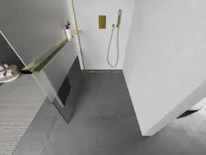 MEXEN/S - Kioto+ L Sprchová zástena WALK-IN s poličkou a držiakom uterákov 80 x 200, transparent/dekor, zlatá 800-080-123-50-35
