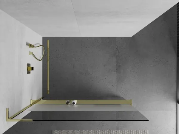MEXEN/S - Kioto+ L Sprchová zástena WALK-IN s poličkou a držiakom uterákov 80 x 200, transparent/dekor, zlatá 800-080-123-50-35