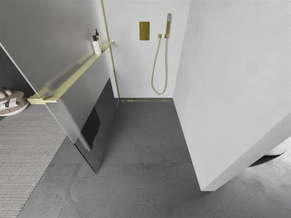 MEXEN/S - Kioto+ Sprchová zástena WALK-IN s poličkou a držiakom uterákov 110 x 200, transparent/dekor, zlatá kartáčovaná 800-110-121-55-35