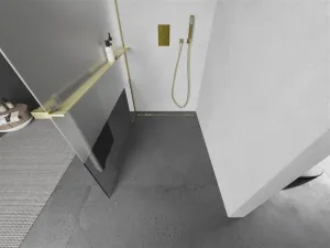 MEXEN/S - Kioto+ Sprchová zástena WALK-IN s poličkou a držiakom uterákov 110 x 200, transparent/dekor, zlatá kartáčovaná 800-110-121-55-35