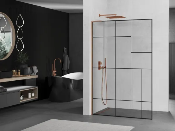 MEXEN/S - Kioto L Sprchová zástena WALK-IN 90 x 200, čierny vzor, meď kartáčovaná 800-090-103-65-78