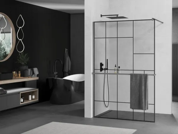 MEXEN/S - Kioto+ Sprchová zástena s poličkou WALK-IN 80 x 200, čierna vzor, grafit kartáčovaná 800-080-121-66-78