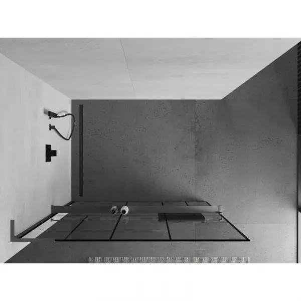 MEXEN/S - Kioto+ L Sprchová zástena WALK-IN s poličkou a držiakom uterákov 100 x 200, čierny vzor, grafit metal 800-100-123-95-78