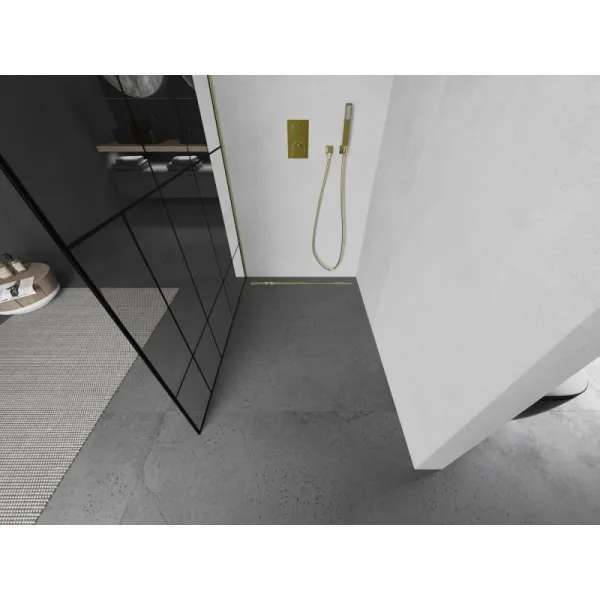 MEXEN/S - Kioto L Sprchová zástena WALK-IN 80 x 200, čierny vzor, zlato kartáčovaná 800-080-103-55-78
