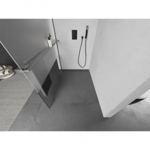 MEXEN/S - Kioto+ L Sprchová zástena WALK-IN s poličkou a držiakom uterákov 110 x 200, transparent/dekor, grafit kartáčovaná 800-110-123-66-35