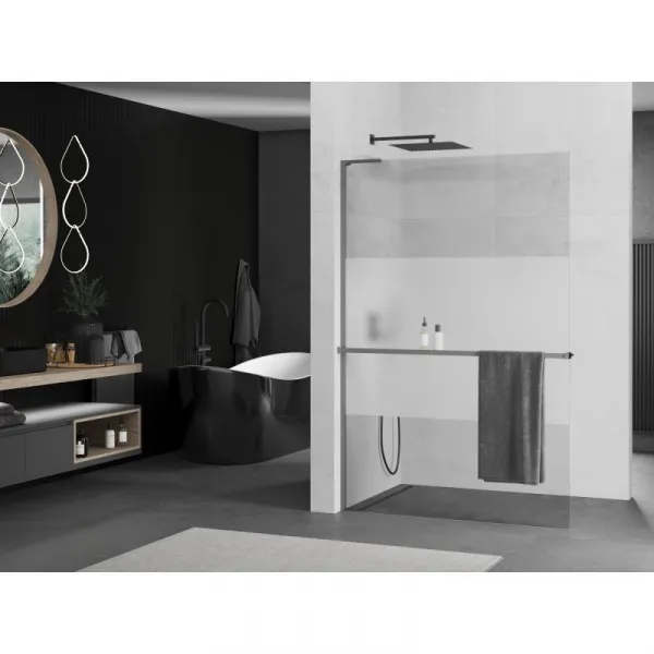MEXEN/S - Kioto+ L Sprchová zástena WALK-IN s poličkou a držiakom uterákov 70 x 200, transparent/dekor, grafit metal 800-070-123-95-35