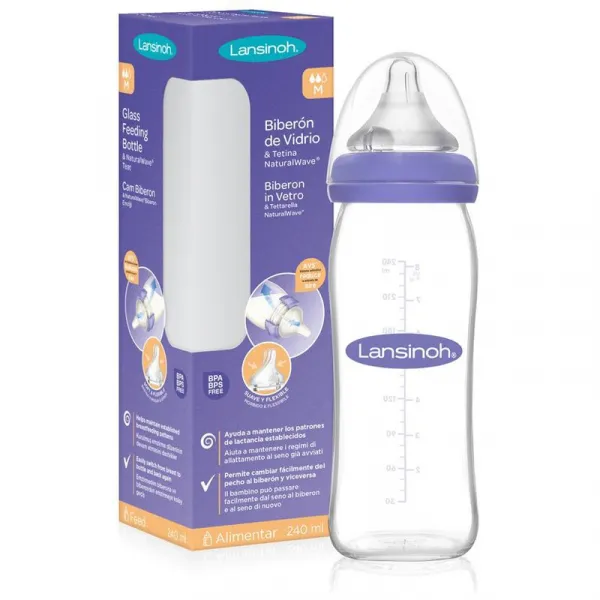 LANSINOH Fľaša sklenená dojčenská s NaturalWave® cumľom (M) 240ml