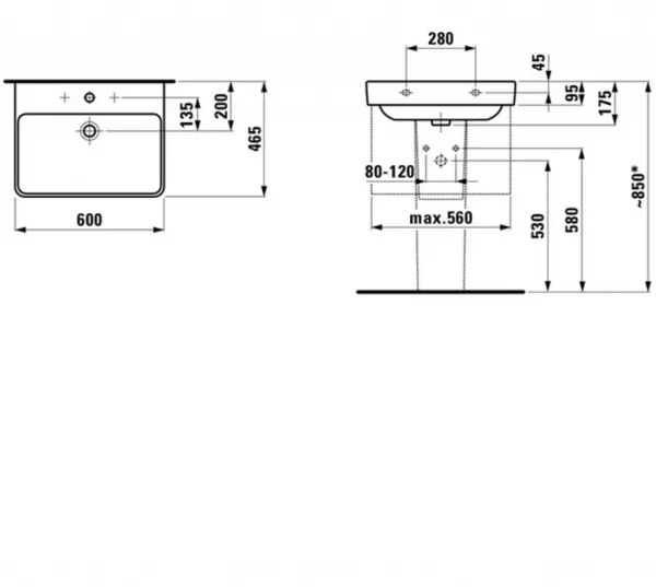 Laufen Pro S - Umývadlo, 600 mm x 465 mm, 1 otvor na batériu, s LCC, biela H8109634001041
