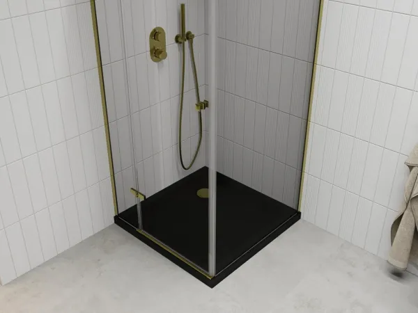 MEXEN/S - Roma sprchovací kút 90x90, transparent, zlatá + čierna vanička so sifónom 854-090-090-50-00-4070G