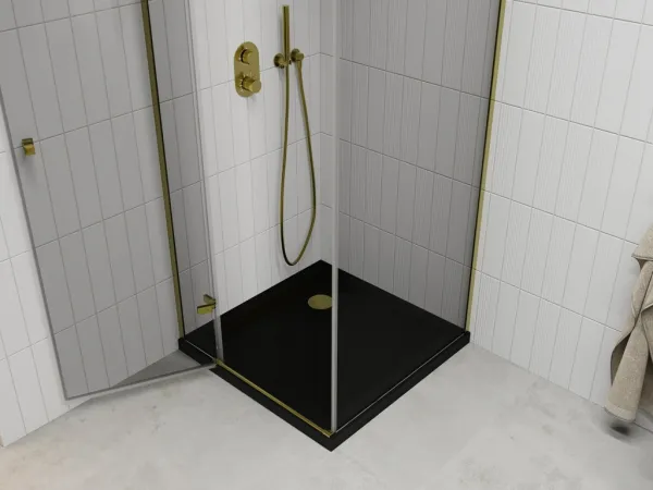 MEXEN/S - Roma sprchovací kút 80x80, transparent, zlatá + čierna vanička so sifónom 854-080-080-50-00-4070G