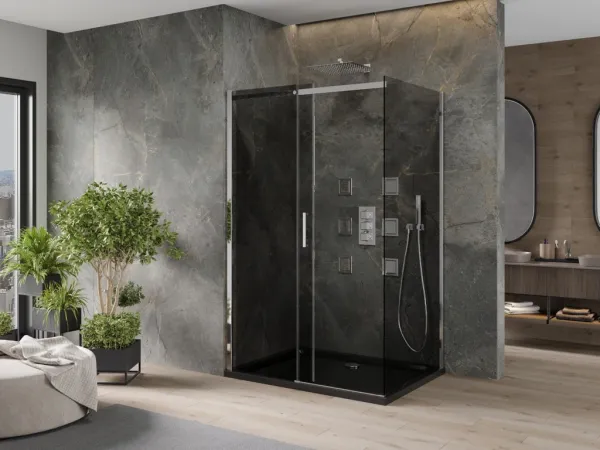 MEXEN/S - Omega sprchovací kút 100x90, grafit, chróm + čierna vanička so sifónom 825-100-090-01-40-4070
