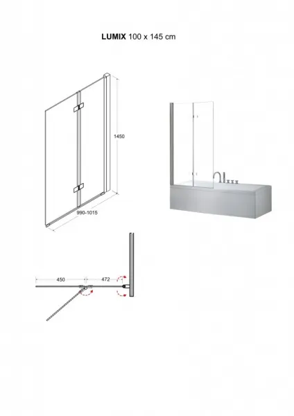 BESCO - Vaňová zástena LUMIX - Farba rámu zásteny - Hliník chróm, Rozmer A - 100 cm, Smer zatváranie - Univerzálny Ľavé / Pravé, Výplň - Číre bezpečnostné sklo - 6 mm BCLUM10CC
