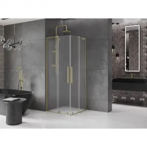 MEXEN/S - Velar L Duo sprchovací kút, posuvné dvere 90 x 90, dekor, zlato 871-090-090-02-33-50