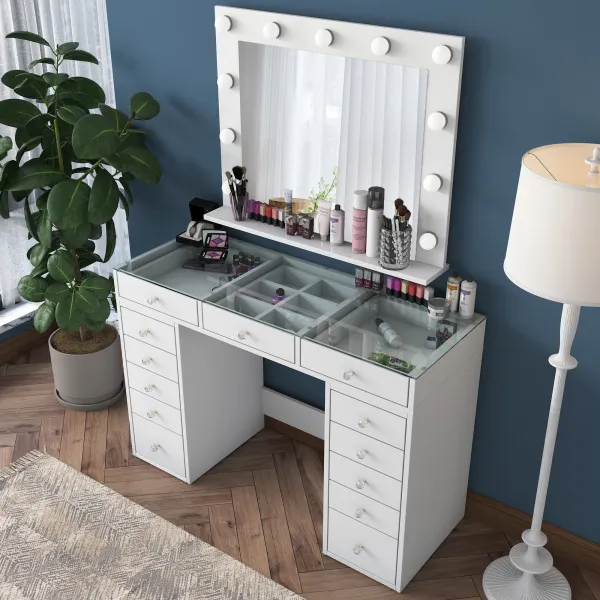 Kalune Design Toaletní stolek Melissa 04 s LED zrcadlem bílý/čirý