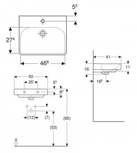 GEBERIT - Smyle Square Umývadlo, 50x41 cm, s prepadom, otvor na batériu, biela 500.256.01.1