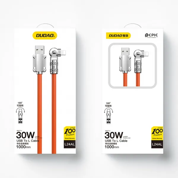 Dudao Angled kábel otočný o 180°, USB-A - Lightning, 30 W, 1 m, oranžový