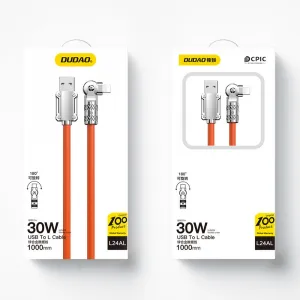 Dudao Angled kábel otočný o 180°, USB-A - Lightning, 30 W, 1 m, oranžový