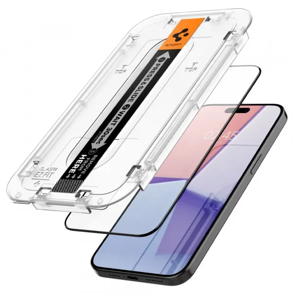 Apple iPhone 15 Pro Max, Ochranná fólia odolná voči nárazom (aj na zakrivenú časť!), tvrdené sklo, Spigen Ez Fit HD, čierna