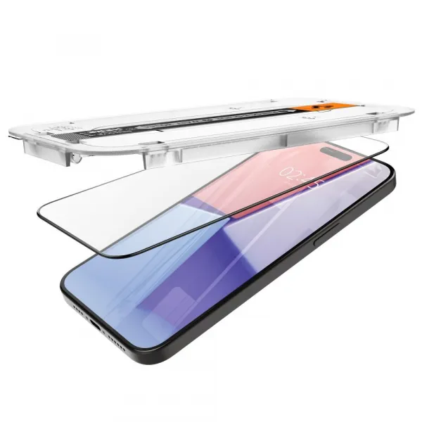 Apple iPhone 15 Pro Max, Ochranná fólia odolná voči nárazom (aj na zakrivenú časť!), tvrdené sklo, Spigen Ez Fit HD, čierna