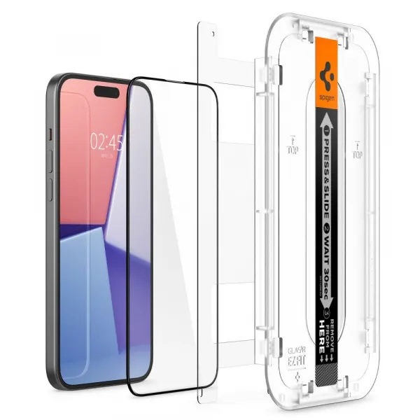 Apple iPhone 15 Plus / 16 Plus, Ochranná fólia odolná proti nárazom (aj na zakrivenú časť!), tvrdené sklo, Spigen Ez Fit HD, čierna