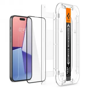 Apple iPhone 15 Plus / 16 Plus, Ochranná fólia odolná proti nárazom (aj na zakrivenú časť!), tvrdené sklo, Spigen Ez Fit HD, čierna