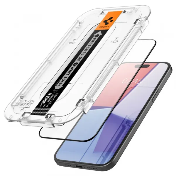 Apple iPhone 15 Plus / 16 Plus, Ochranná fólia odolná proti nárazom (aj na zakrivenú časť!), tvrdené sklo, Spigen Ez Fit HD, čierna