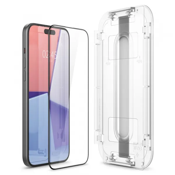 Apple iPhone 15 Plus / 16 Plus, Ochranná fólia odolná proti nárazom (aj na zakrivenú časť!), tvrdené sklo, Spigen Ez Fit HD, čierna