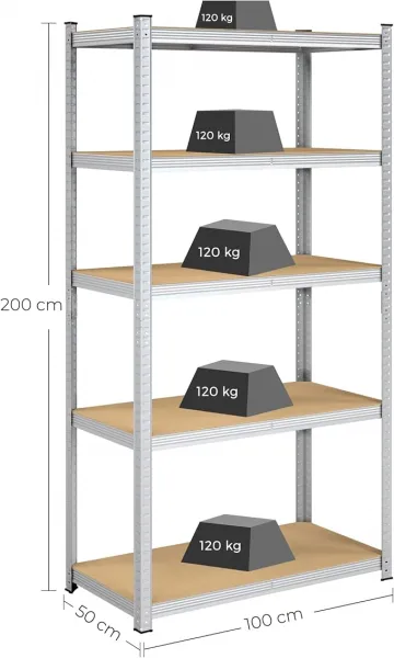 SONGMICS Regál s vysokou nosnosťou strieborný 100 x 200 x 50 cm