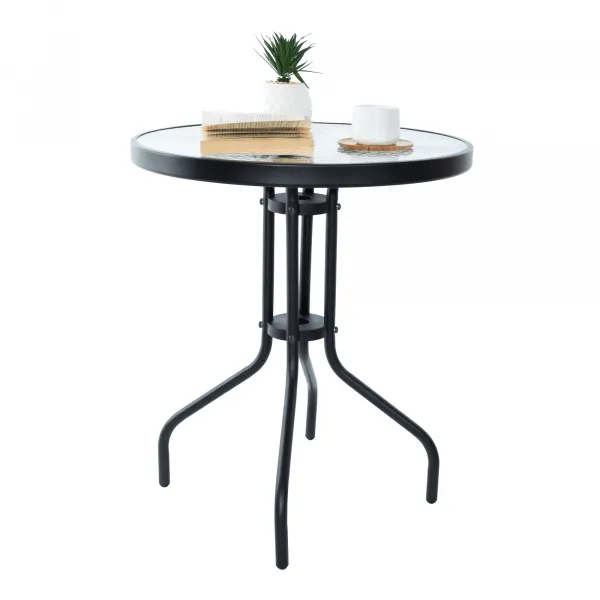 Jedálenský stôl, čierna oceľ/tvrdené sklo, priemer 60 cm, BORGEN TYP 1