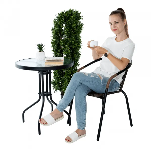 Jedálenský stôl, čierna oceľ/tvrdené sklo, priemer 60 cm, BORGEN TYP 1