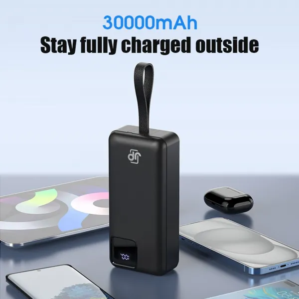 JP Powerbanka s 2 vstavanými káblami, 30000mAh, USB-C + Lightning, s LED svetlom, PD 22,5W, čierna