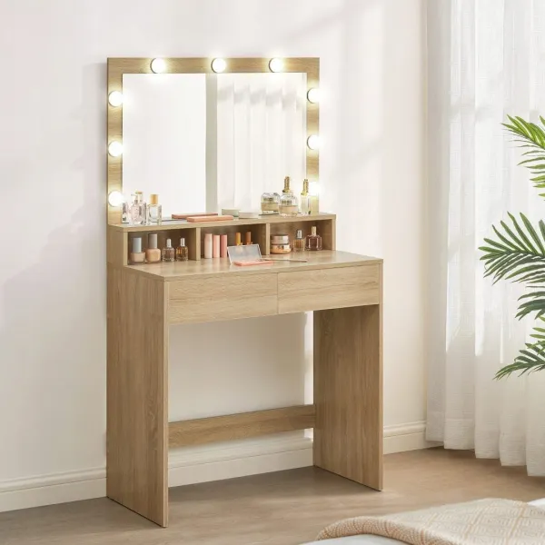 Veľký kozmetický toaletný stolík s LED osvetlením, zrkadlom, zásuvkami, dub Sonoma