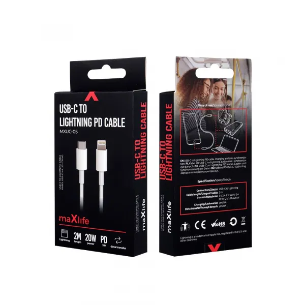 Maxlife kábel MXUC-05 USB-C - Lightning 2,0 m 20W, biely