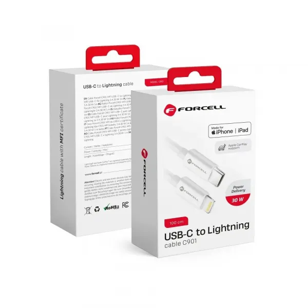 Forcell kábel USB-C - Lightning, MFi, 3A/9V, 30W, C901, 1m, biely