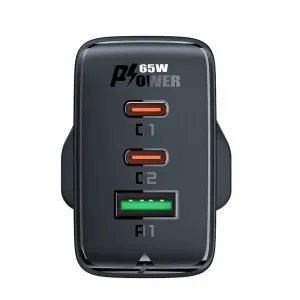 Acefast nabíjačka GaN 65W 3 porty (1x USB, 2x USB-C PD) UK plug, čierna (A44)