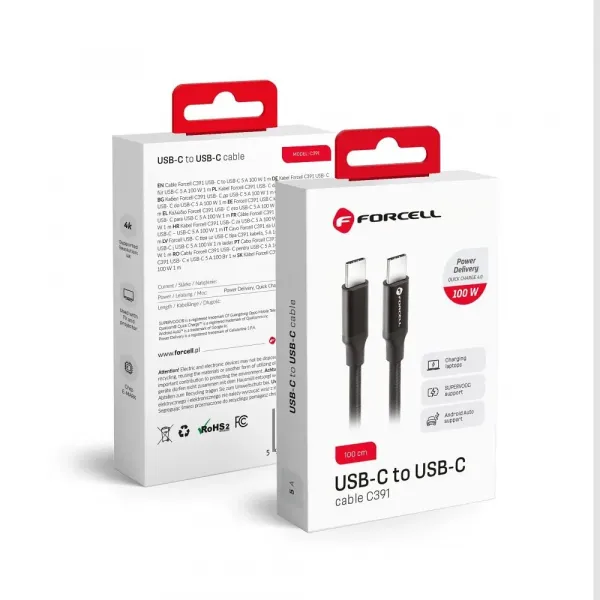 Forcell kábel USB-C - USB-C, QC4.0, 5A/20V, PD100W, E-mark / 4K / Thunderbolt / 20Gbit/s, C391, 1 m, čierny