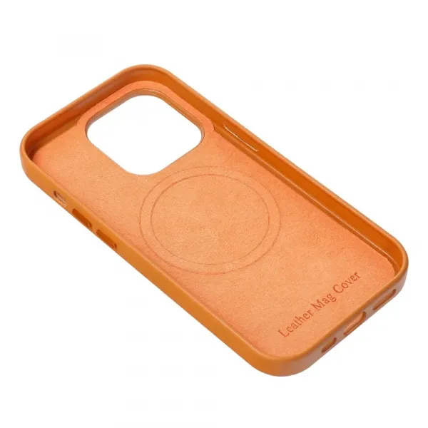 Leather Mag Cover obal, iPhone 15 Plus, oranžový
