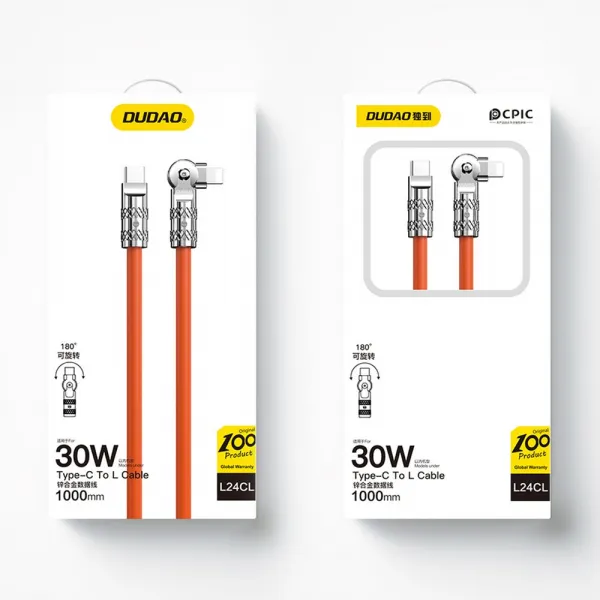 Dudao Angled kábel otočný o 180°, USB-C - Lightning, 30 W, 1 m, oranžový